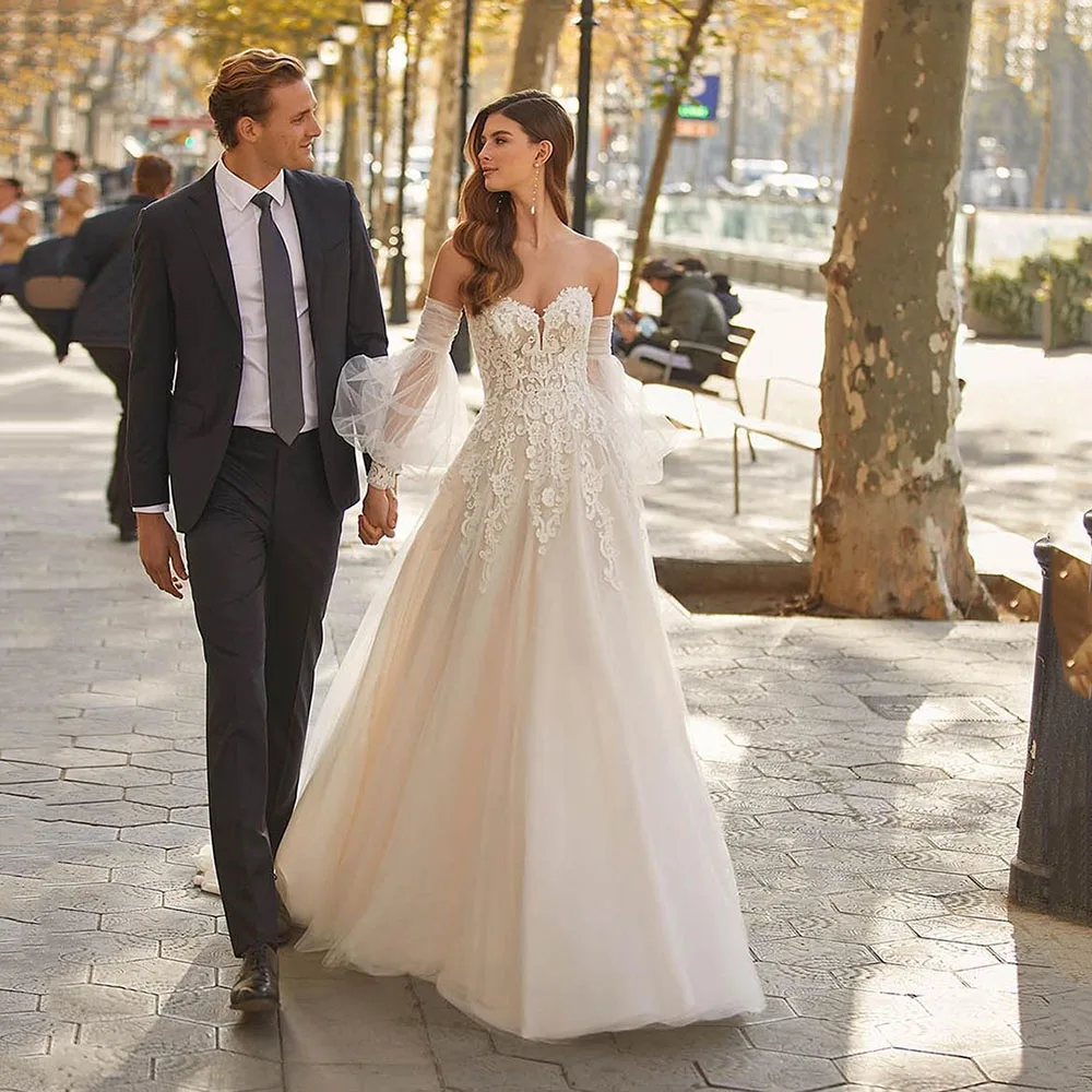 

Msikoods Lace Boho Wedding Dresses 2023 Sweetheart Off The Shoulder princess Bride Dress With Sleeves Backless Robe De Mariée