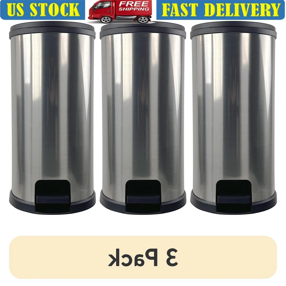 

3 Pack 7.9Gallon Plastic Round Step Trash Can Kitchen Touchless Waste Bin Durable Easy Open Indoor Garbage Container