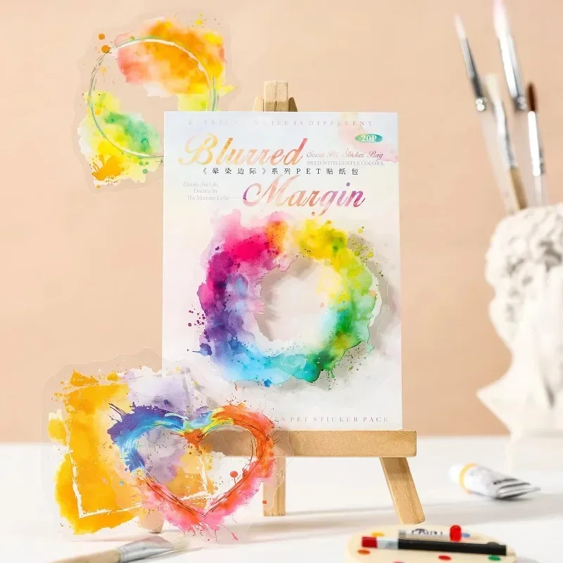 20 Stück Aquarell-PET-Randaufkleber, 6 weiche Unschärfe, Designs für Kunsttagebücher, Scrapbooking, 140 x 84 mm