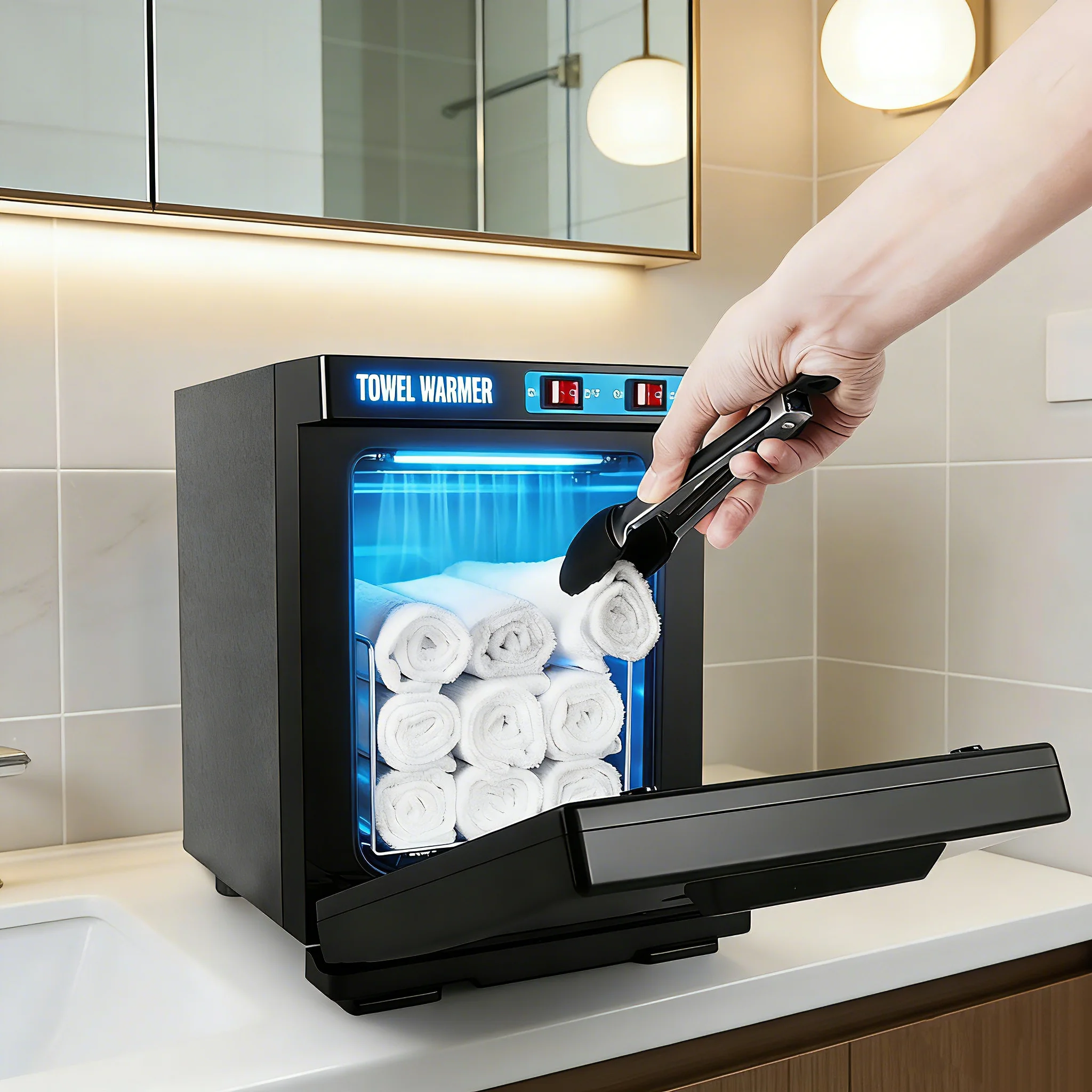 Armoire chauffante pour serviettes UV 5L, chauffage rapide 150W avec chambre en aluminium, chauffe-serviettes désinfectant pour spa et salon de beauté professionnel