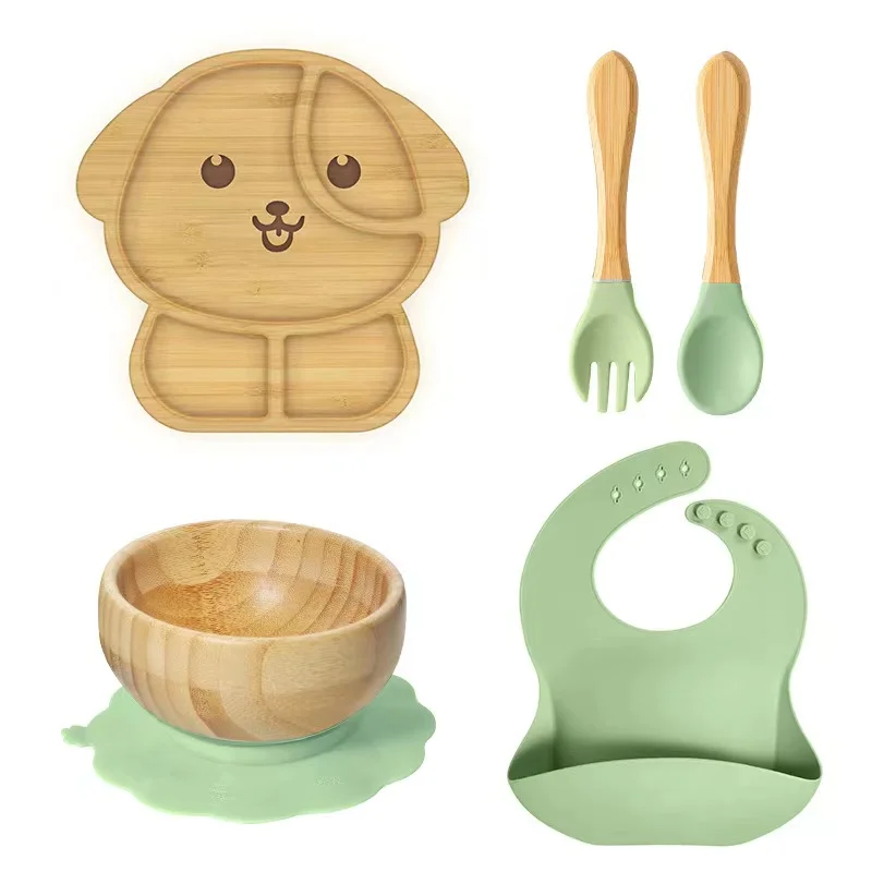 

DIY Children's Tableware Cartoon Wood Suction Plate Bowl Baby Dishes Baby Feeding Dishes Silicone Spoon Fork Bamboo Plate Sets