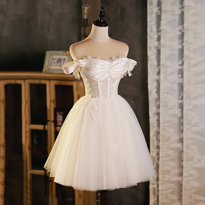 Anxin sh princesa cetim branco e renda barco pescoço babados grande arco zíper festa curto vestido de noite personalizado pequeno vestido branco