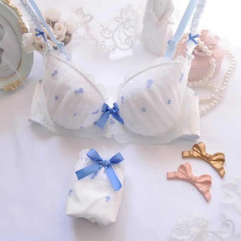 Embroider Thin Cup Girl Cute Sexy Lingerie Bra Set Plus Size Women