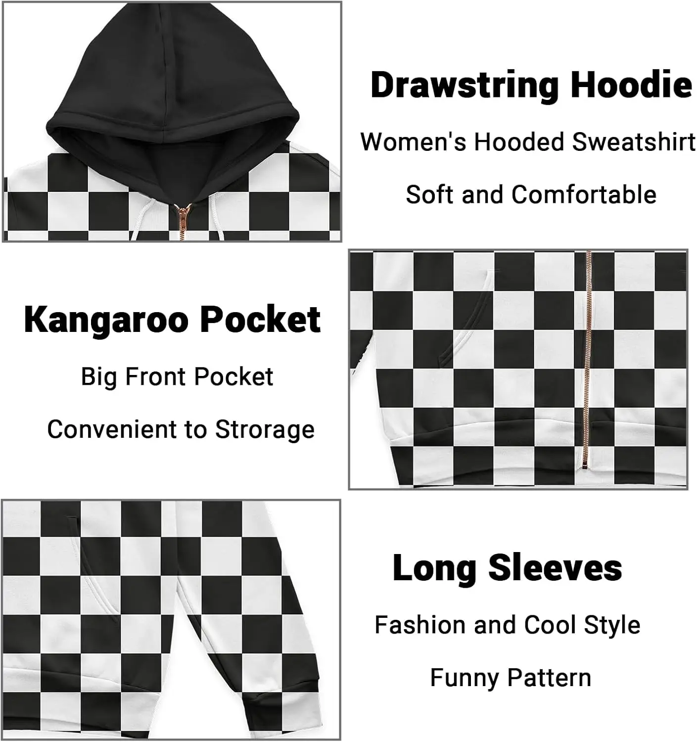 Women's Zip Front Plaid Sweatshirts Print Hoodie Fall Jackets Long Sleeve Casual Drawstring Clothes