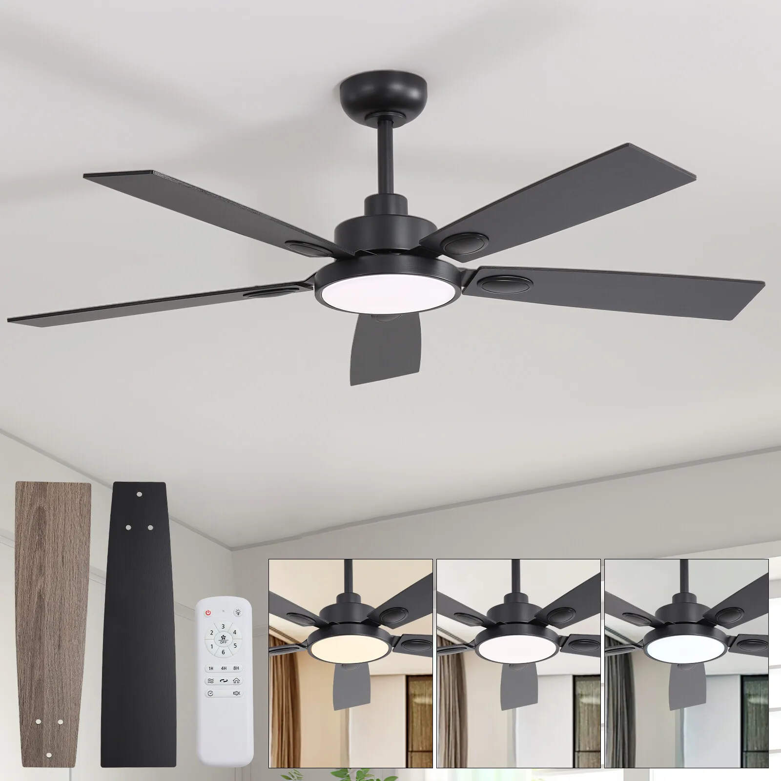 

Ceiling Fans with Lights, 52 inch Black Ceiling Fan with Light and Remote