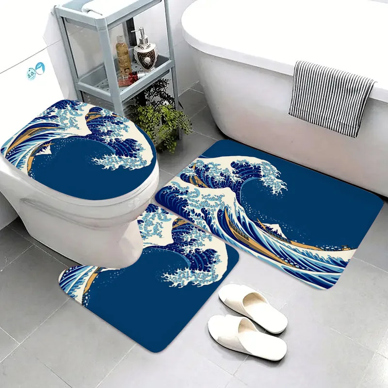 

3 Piece Great Wave Flannel Bath Mat Set Non Slip Absorbent Toilet Rug Bathroom Kitchen Door Mat Machine Washable Home Decor