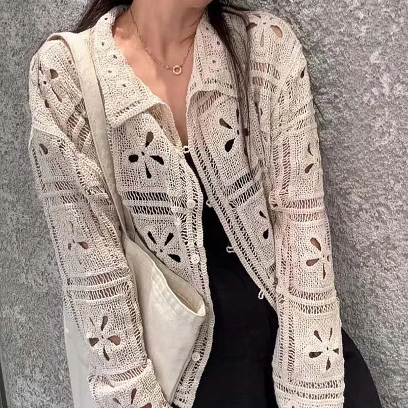 보링 허니 레트로 크로셰 뜨개질 속이 비치는 가디건, 초가을 신상 라펠 고품질 올매치 탑 싱글 버튼 가디건 코트