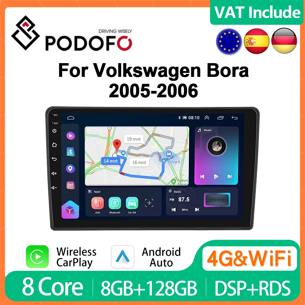 Podofo 4G CarPlay Android Car Radio For Volkswagen Bora 2005-2006 Multimedia Player Autoradio GPS Navigation Head Unit Stereo FM