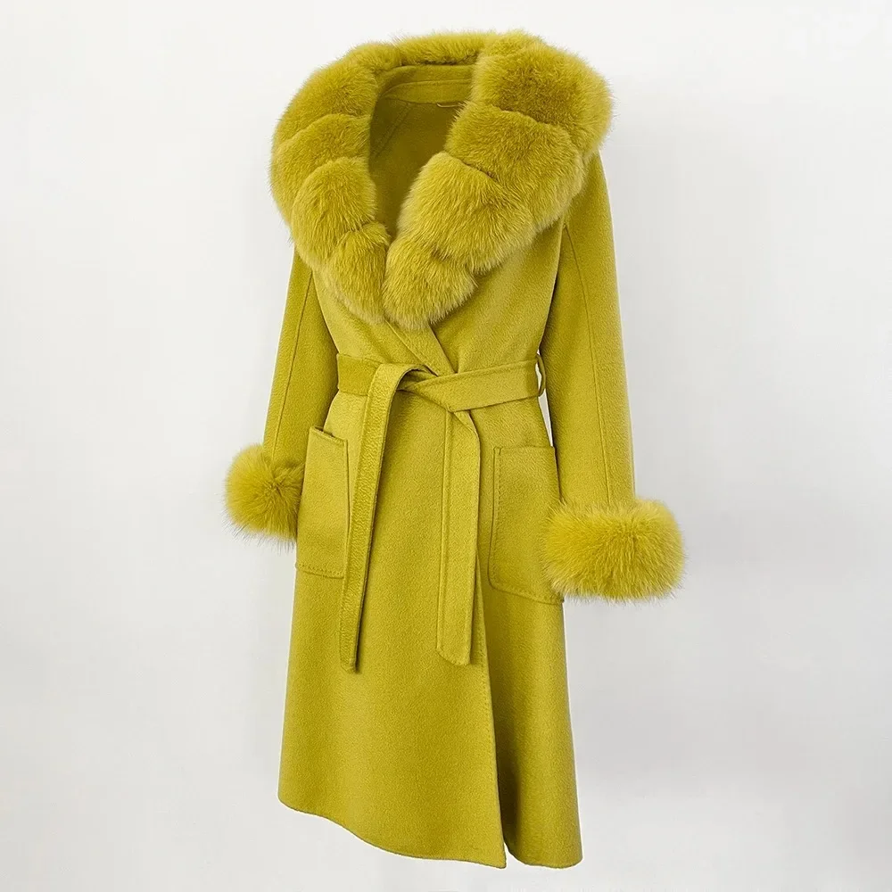 

2025 New Women Natural Fox Fur Collar Real Fur Coat Winter Jacket Women Belt Warm Coat Street Wear Winter Coat
