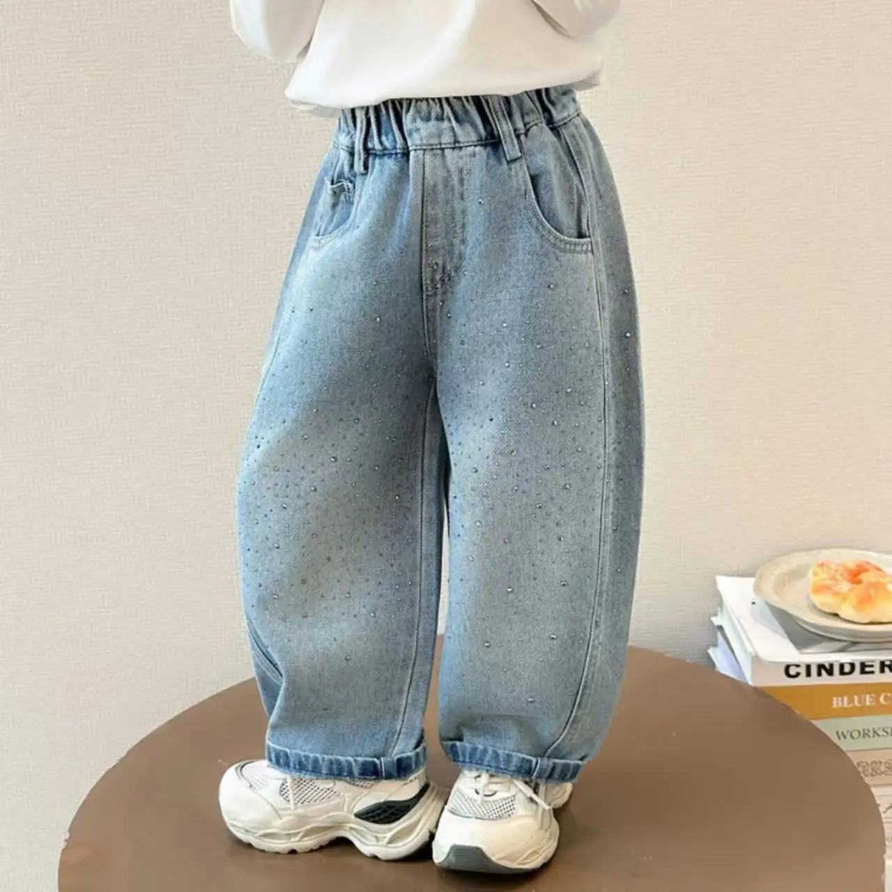 Girls' full rhinestone curved knife jeans, spring/autumn Korean style trendy versatile loose long pants, casual trousers