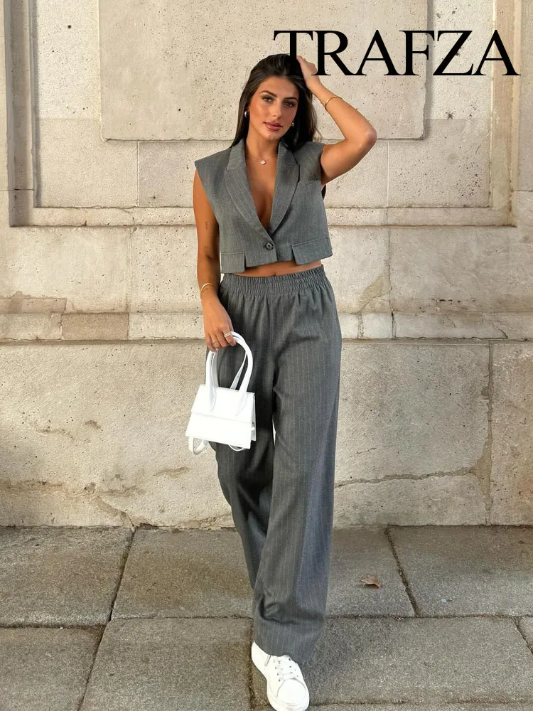 TRAFZA 2024 Summer Women Fashion Trousers Set Clamshell Decoration Short Vest Top + Pockets Vintage Female Wide Leg Long Pant