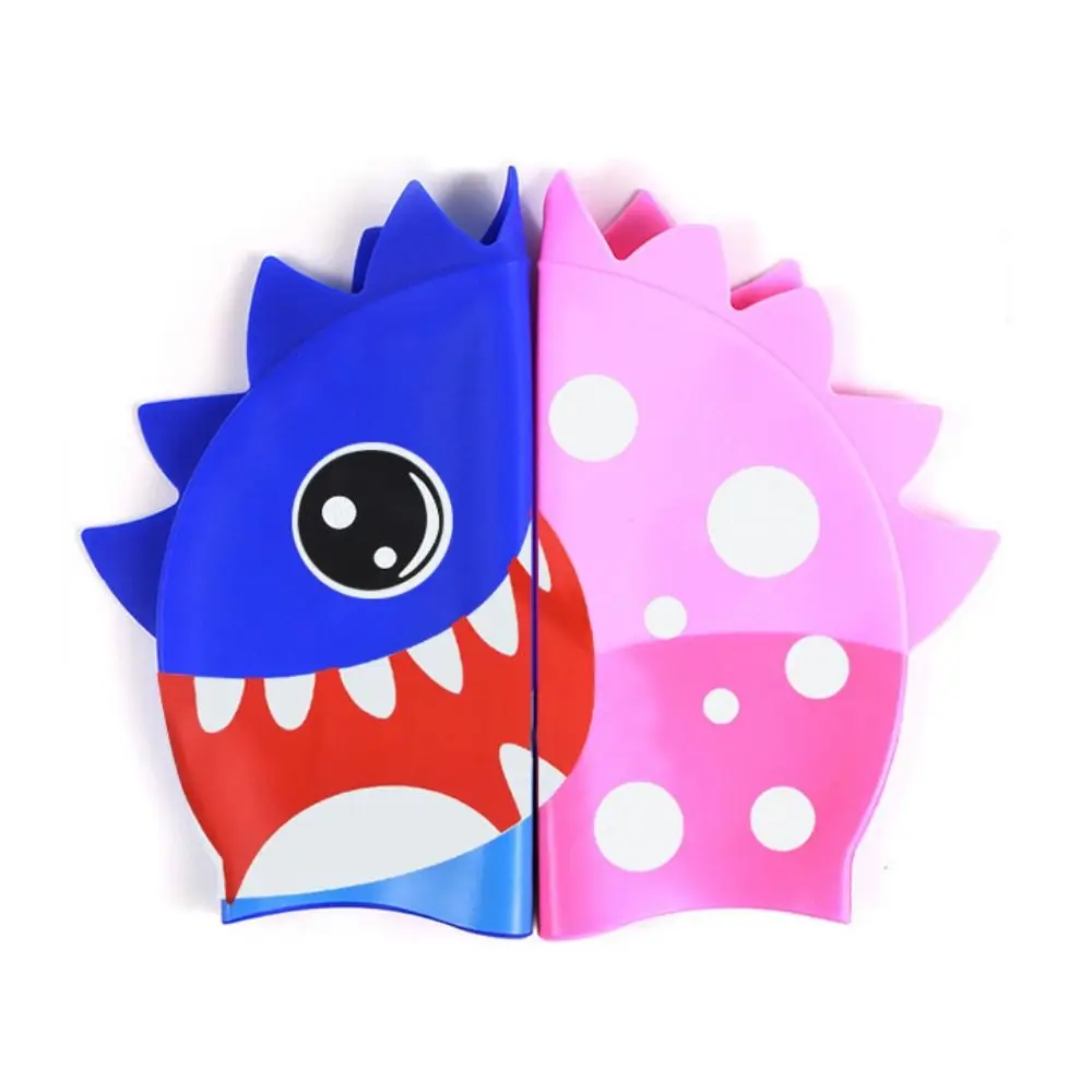 Gorro de natación de tiburón para niños, gorro de natación de silicona impermeable con animales de dibujos animados, protección para los oídos de pelo largo, gorro de natación estampado