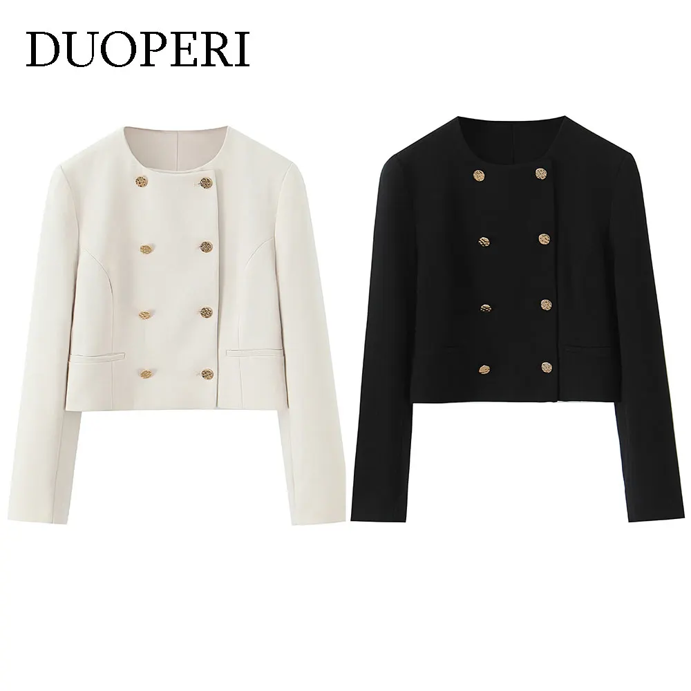 

DUOPERI Women Fashion Solid Jackets Casual O-Neck Long Sleeves Female Elegance Chic Lady Short Coats