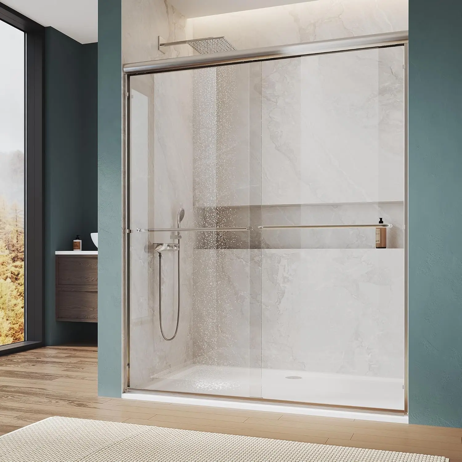

Double Sliding Shower Door 56-60" W x 72" H, Semi-Frameless Bypass Shower Glass Door with Dual Towel Bar Handles, 1/4" Tempered