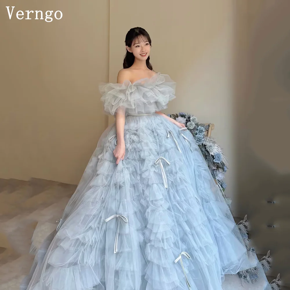 

Verngo Blue Tulle Evening Dress Off The Shoulder A LineTiered Birthday Party Gowns Princess Korea Bow Prom Gown Customized