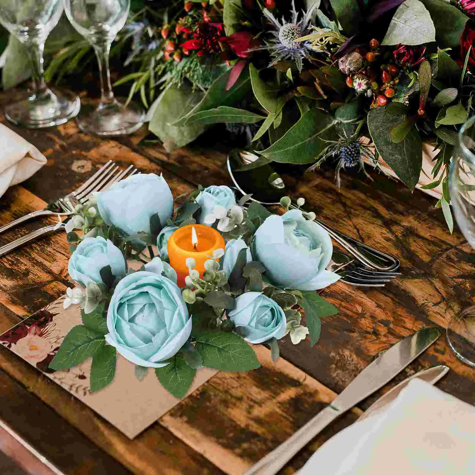 Artificial Leaf Rose Ring Dinner Table Flower Candles Wreath Wedding Party Table Decoration artificial rose ring