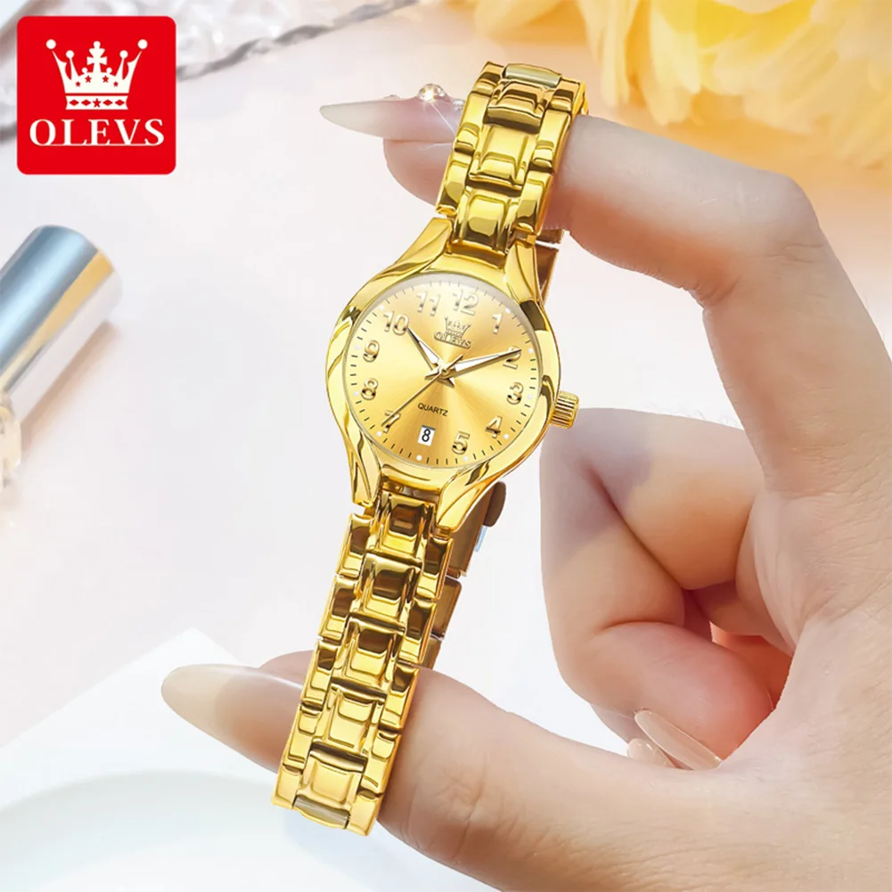 OLEVS Women's Watches 3650L Gold Luxury Top Brand Original Quartz Watch for Lady Waterproof Luminous Date Arabic Numerals Dial