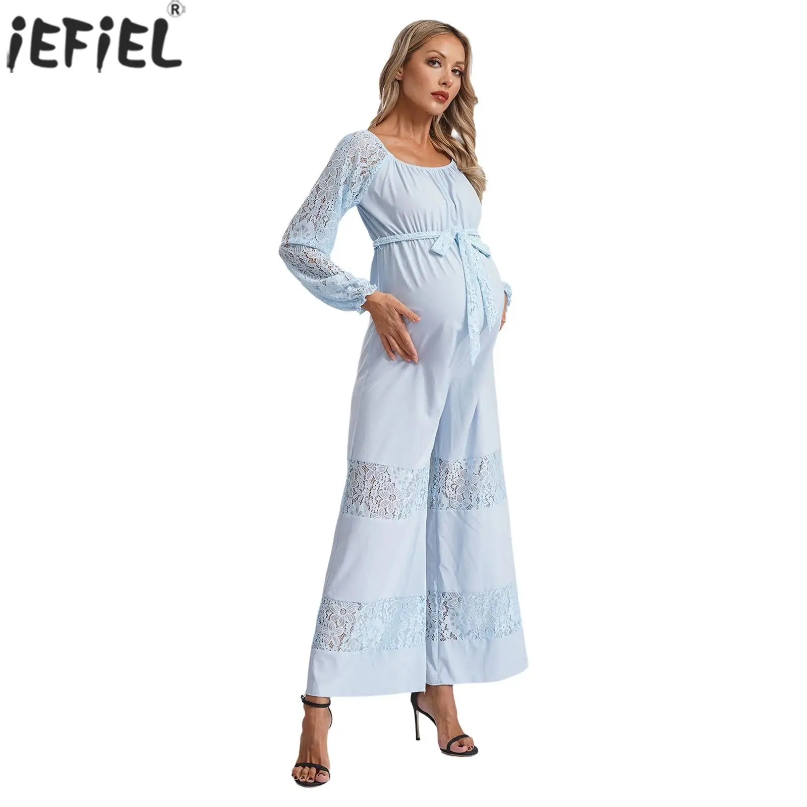 

Womens Maternity Jumpsuit Pregnancy Clothes Long Sleeve Lace Hallow Out Loose Wide Leg Bodysuit Wedding Party Work Pregnant Wear