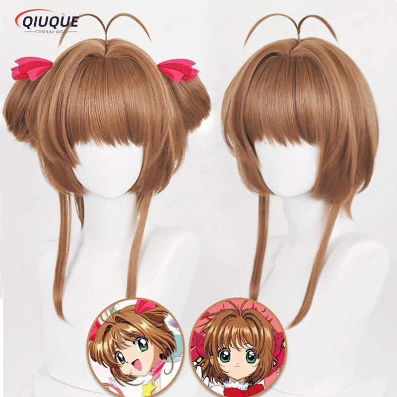 Sakura kinomoto cosplay peruca anime cartão captores sakura resistente ao calor perucas de cabelo sintético + peruca boné bolas vermelhas hairband