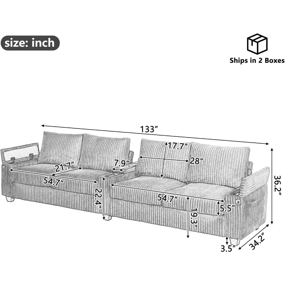 ذراع تخزين قابل للتحويل، أريكة سروال قصير بأربعة مقاعد مع حاملات أكواب قابلة للطي وميزات تخزين مخفية