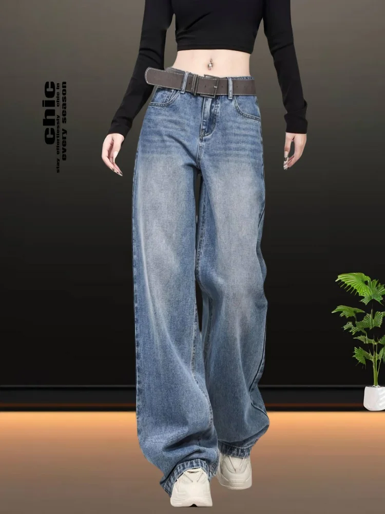 

Blue High Waist Loose Fit Slim Straight Wide Leg Jeans for plus Size Women Spring New Style Comfortable Straight Cut Trousers