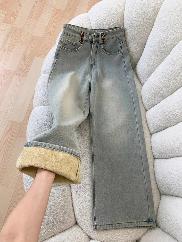 Fashion Leopard Print Pocket Design Thicken Jeans 2025 Autumn Winter Women's High Waist Straight Pants Trend Lady Denim Trousers