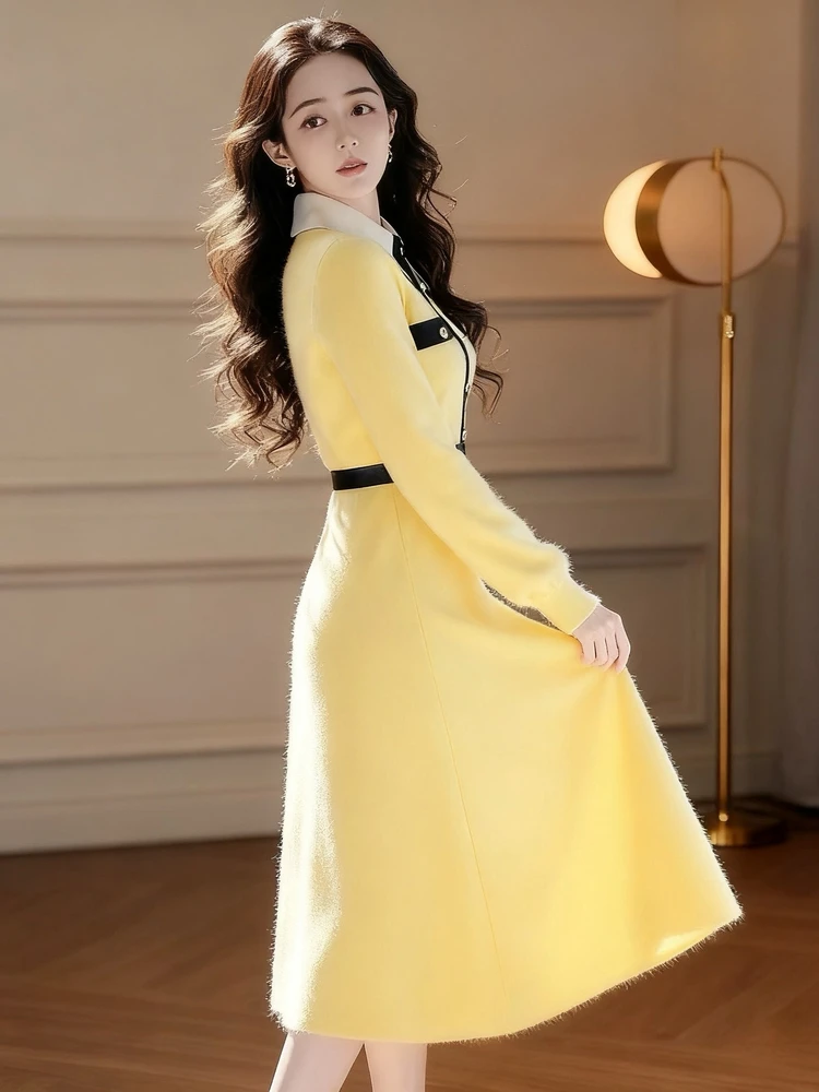 Slim Fit Malha Dr Feminino Outono Inverno Novo Design Turn-down Collar Base Camada Suéter Longo Dr Faionable Cintura Alta