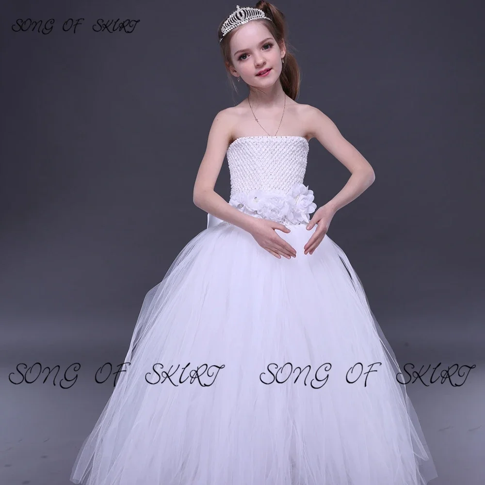 Customized Mono Strapless Wedding Flower Girl Dresses Artificial Bow Knot Daughter Party Gown Brushed Ball Fairy Formal Skirt