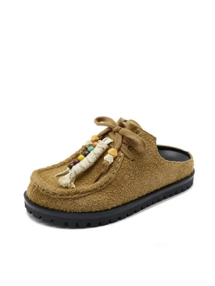 Vintage Leisure Cowhide Womens Slippers Comfortable Footwear Round Toe Cow Suede Solid Color Slip On Fashion Handmade Lady Shoes
