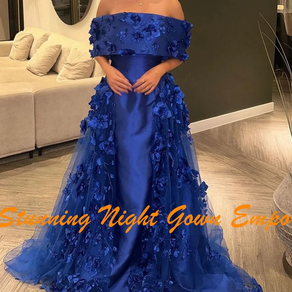 Customized Exquisite Pleats Flowers Beading Evening Dresses Graceful Off the Shoulder Blue Panel Train Party Gowns فساتين سهرة