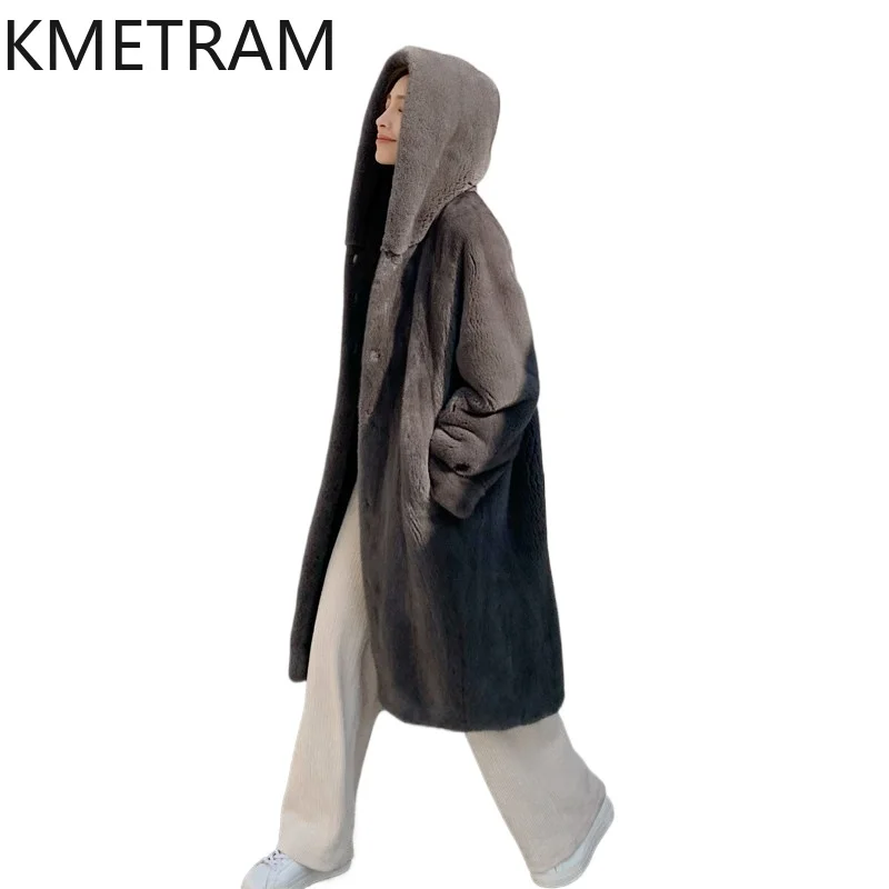 KMETRAM Natural Mink Fur Jacket Women Hooded Warm Winter Long Coats High Quality Real Fur Coat Woman Clothing 90cm 2026 jaqueta