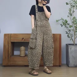 Denim Jumpsuits for Women Korean Style Rompers Casual Vintage Playsuits Straight Pants Contrasting Colors Leopard Women Clothes
