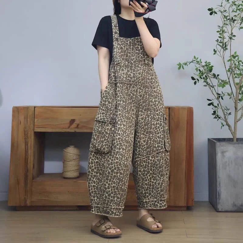 Kombinezony jeansowe damskie w stylu koreańskim, kombinezony codzienne w stylu vintage, spodnie proste, kontrastowe kolory, ubrania damskie w panterkę.
