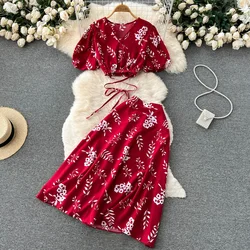 Women Summer Floral Sets Sexy V Neck Tops+ Long Print Long Skirt Design Beach Suit Holiday Elastic Waist Two Piece Set