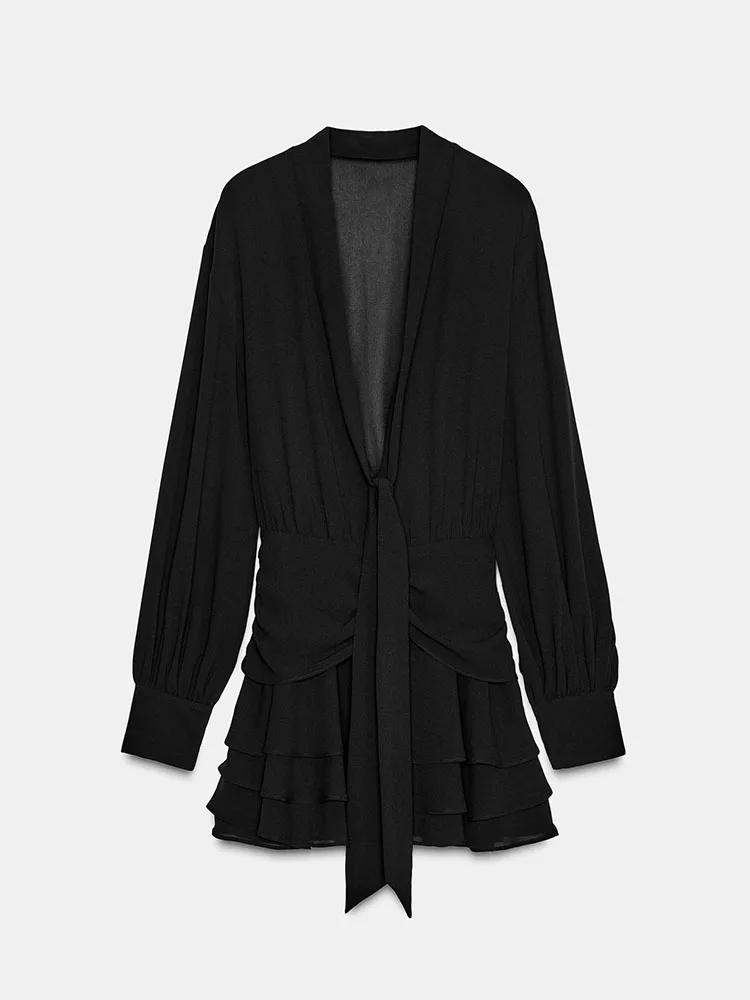 High-end ZA2025 feminino inverno novo ort Dr drapeado em camadas decoração Ele Faionable Ladies' Dr