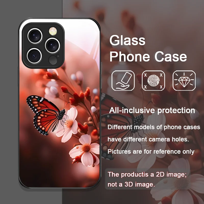 الفاخرة الأحمر فراشة زهرة نمط الزجاج المقسى جراب هاتف آيفون 16 برو ماكس 15 14 13 12 Mini 11 PRO XS XR 7 8 Plus غطاء