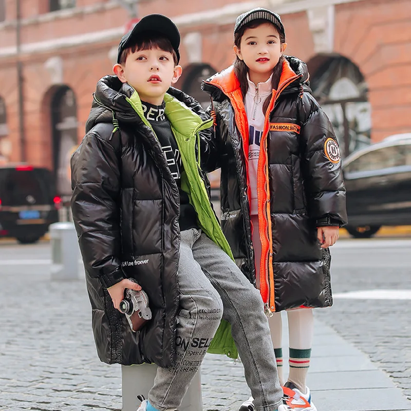 Winter Children Boys Duck Down Jacket Plus Velvet Thicken Nowash Junior Boys Outerwear Stickers Shiny Contrast Kis Boy Long Coat