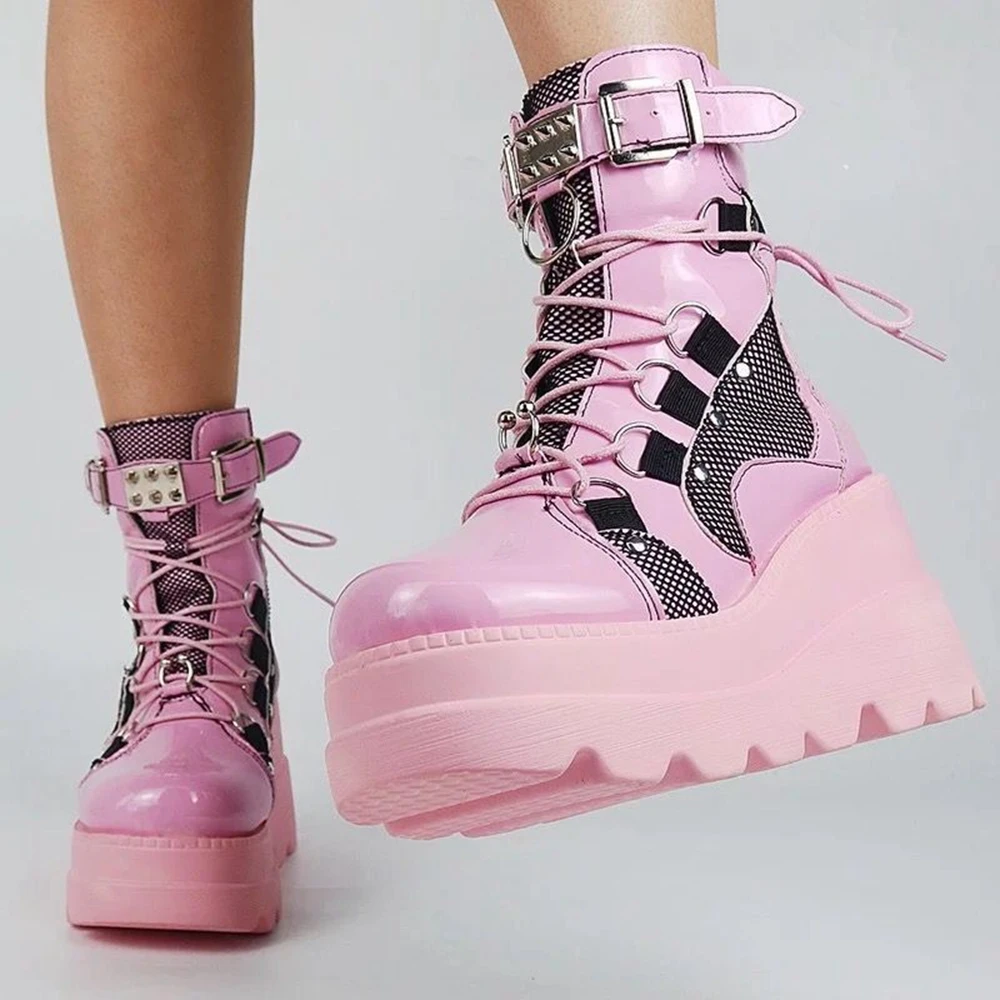 Women Eyelet Lace-up Wedge Mid-Calf Marten Boots Spring Autumn Round Toe Platform Buckle Strap Design Zip Back Going Out Boots