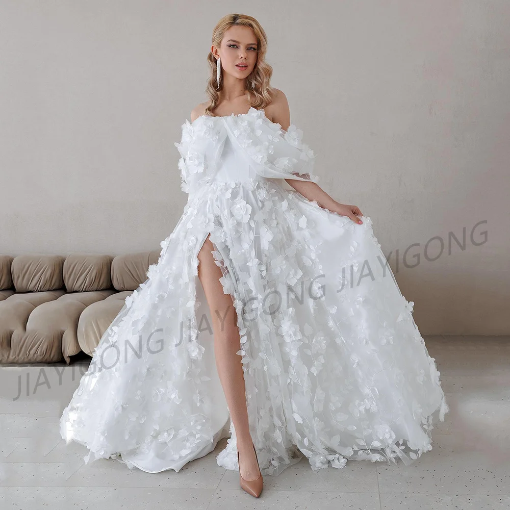 Flower Wedding Dress Romantic Princess Bridal Gown Off The Shoulder 3D Flowers Split Robe De Mariage Custom Color Bride Dresses