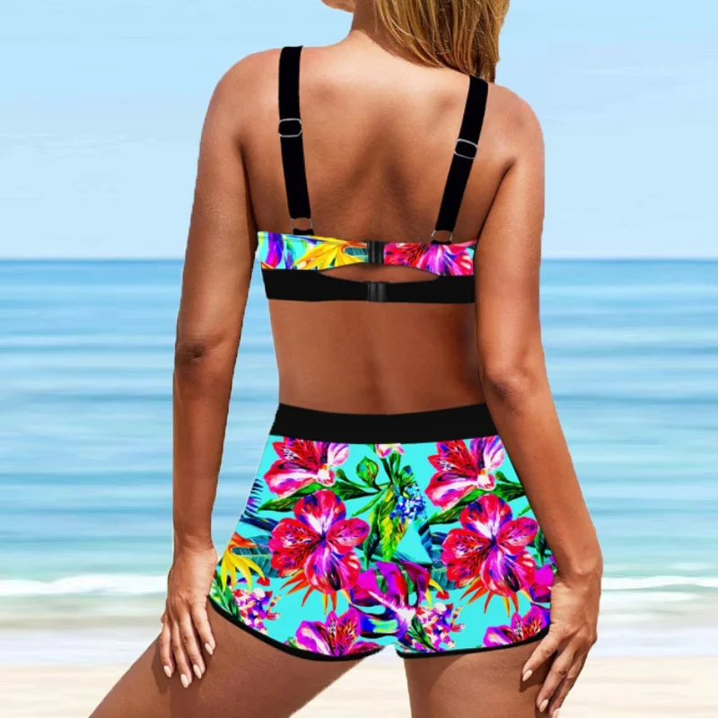 Conjunto de biquíni sexy vintage estampado feminino, maiô feminino tamanho solto, moda praia, moda praia verão, cintura alta, 2 peças, 2022