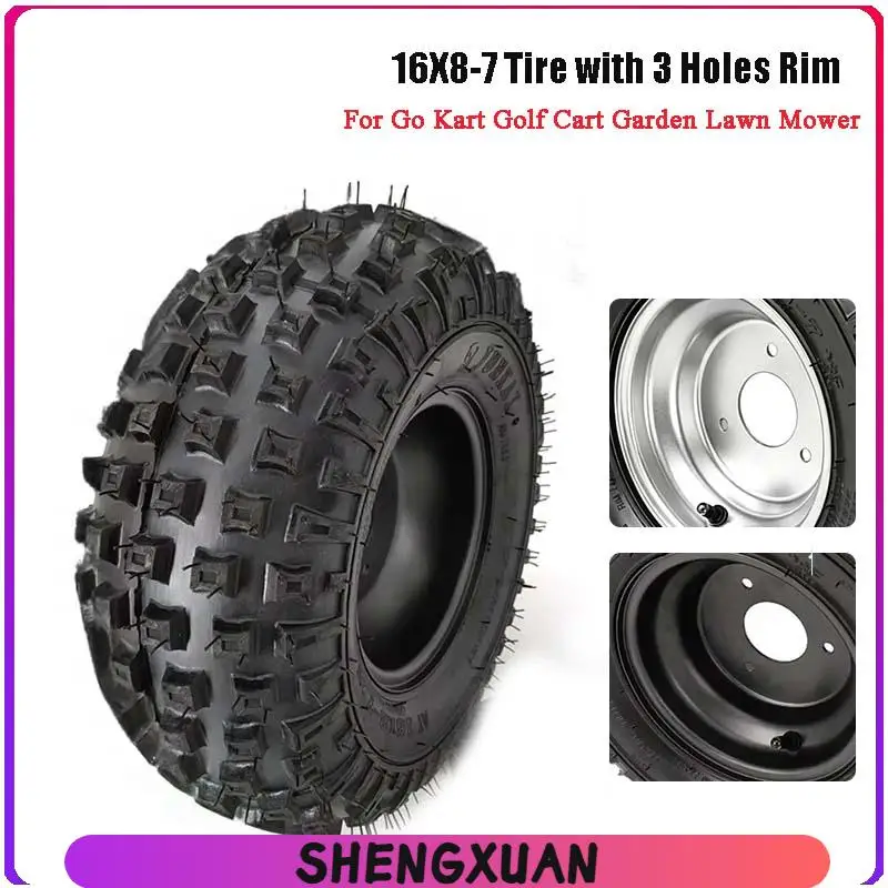 7 Inches ATV UTV Tire Wheel 16X8-7 Tire with 3 Holes Rim 6PR Excellent Road Grip for Go Kart Golf Cart Garden Lawn Mower