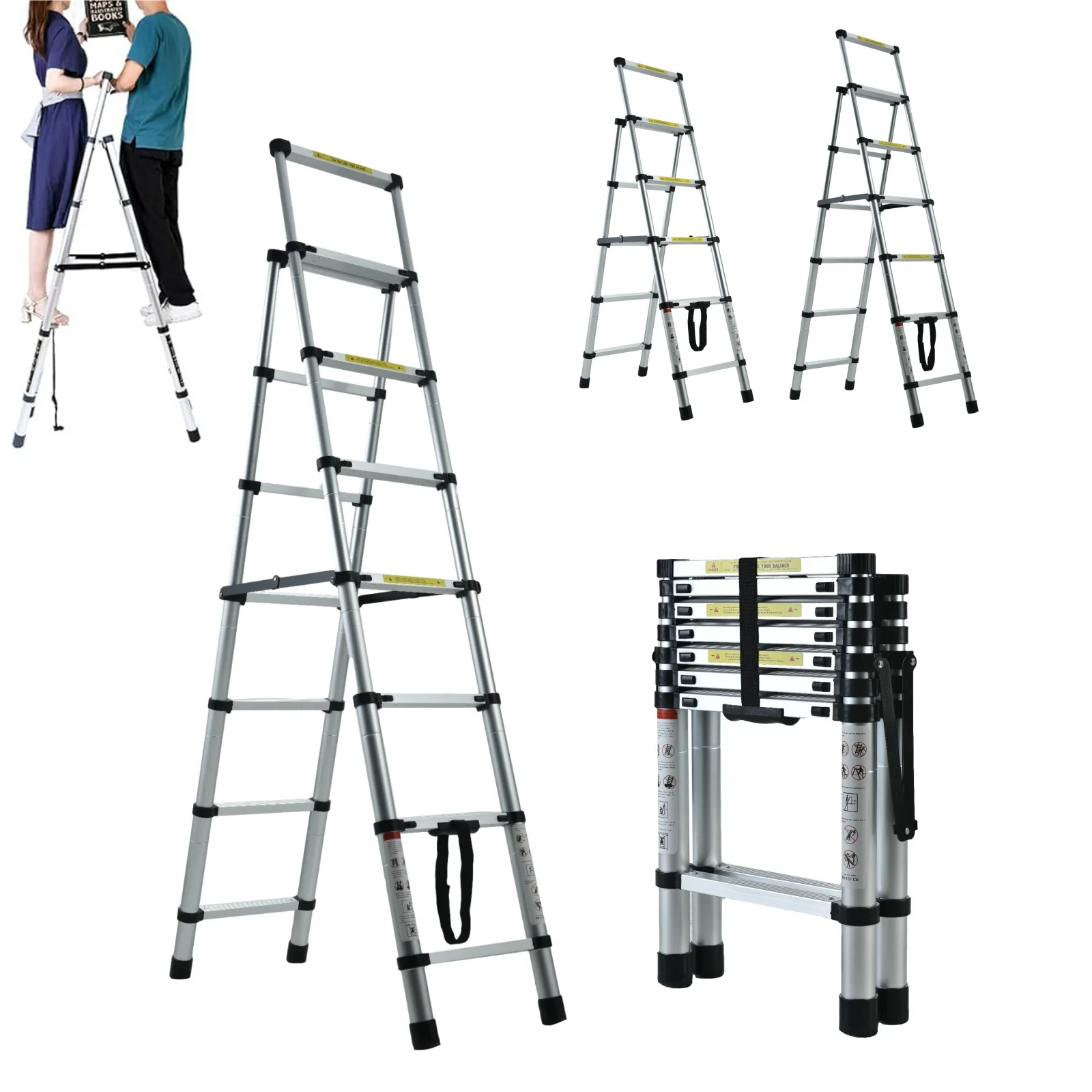 Aluminum Folding Ladder Lightweight A-Frame Ladder Extension Telescopic Ladder Portable Safety Ladder,4+5/5+6/6+7 Step Ladder