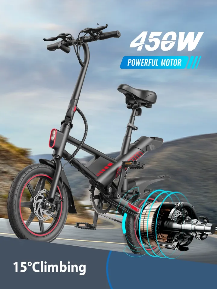 GYROSHOES Electric Bike for Adults Commuter, 14" Mini E-Bike 450W Motor 19MPH 30Mi Range, 3 Modes (Pure Electric/Pedal Assist/Normal Bike), Rear Suspension, UL2849 Certified, Phone Holder & Lock Included, Ideal for College Students & Urban Riders-Black image 7
