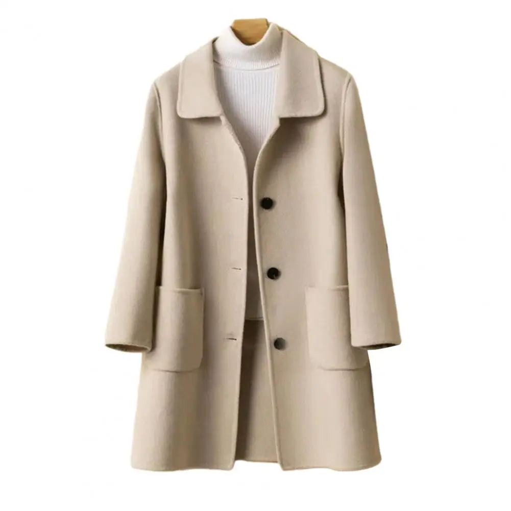 Women Autumn Winter Coat Loose Solid Color Thick Cold Resistant Single-breasted Lapel Mid Length Long Sleeve Pockets Coat jacket