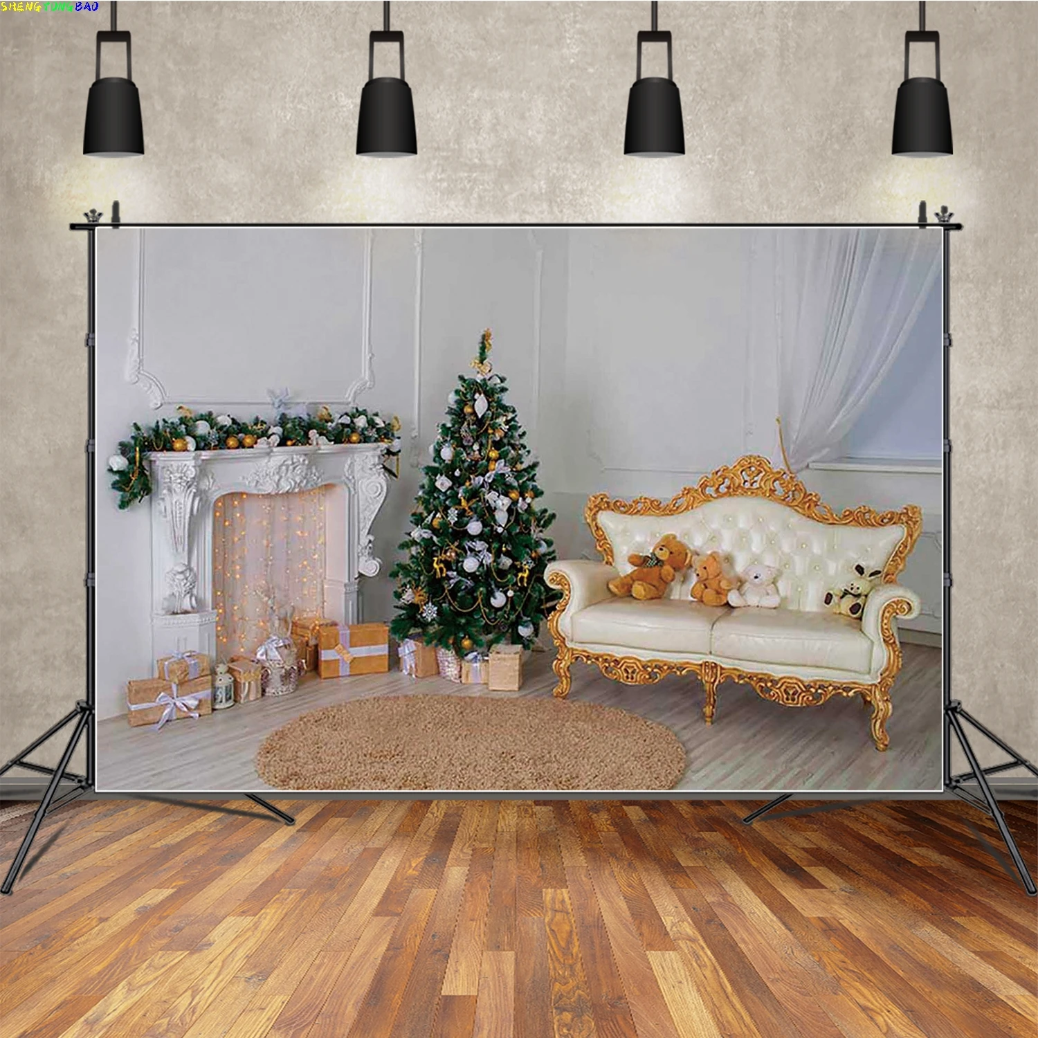 Christmas New Year Clock Decor Backdrop Photography Vintage Xmas Trees Gifts Snow Winter Indoor Photo Studio Background BH-01