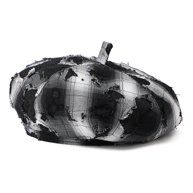 Korean Style Women's Artist Beret Stretch Vintage Plaid Distressed Newsboy Cap Spring Summer Collection Painter Hat