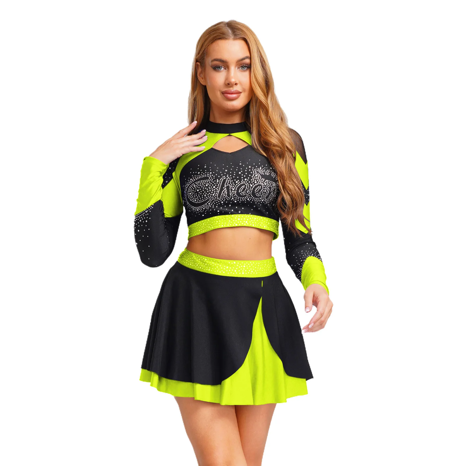 Womens Shiny Rhinestone Cheerleader Costume Cheer Dance Outfits Long Sleeve Hollow Out Crop Top And Skirt Cheerleading Uniform