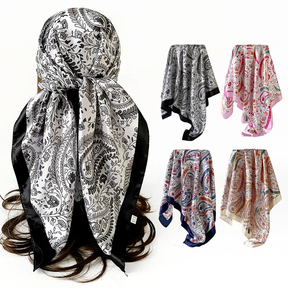 

New Muslim Head Hijab cashew flower silk scarves 90CM women's shawls cross-border Paisley colored square scarves wholesale