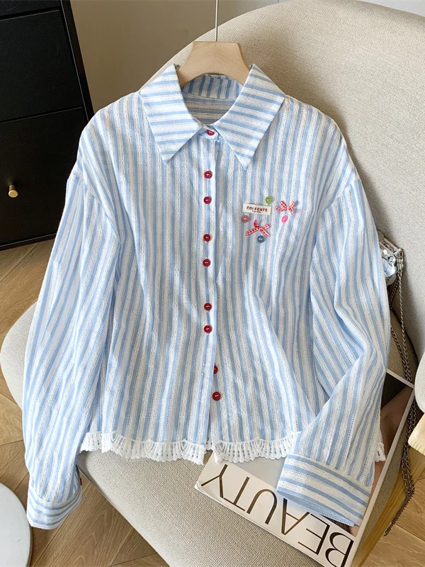 

Ele Blue Long Sve Women's irt Lace ket Design Spring Faionable Top Cotton Material Collar Daily Wear