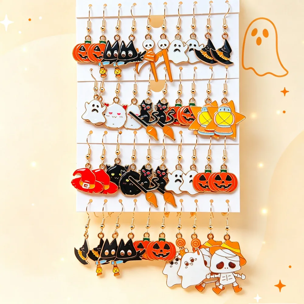 40PCS/20Pairs Halloween Enamel Dangle Earrings Set Pumpkin Ghost Black Cat Witch Skeleton Cosplay Holiday Party Costume Jewelry